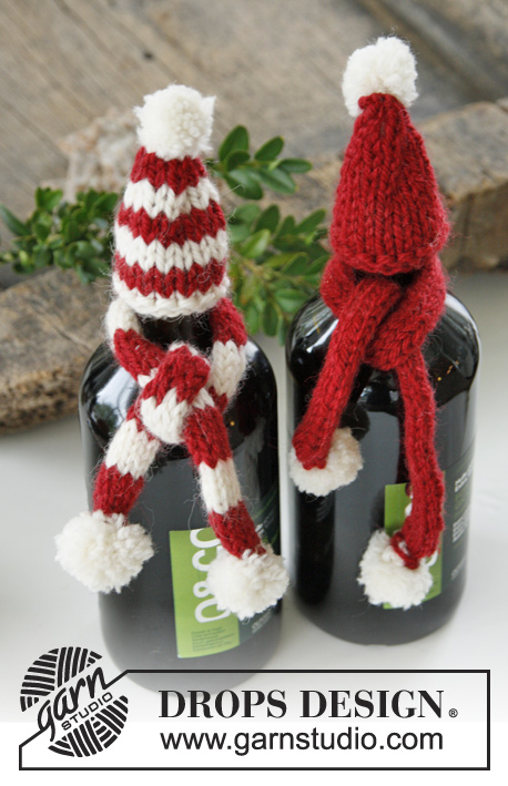 North Pole Pals / DROPS Extra 0-1001 - Boże Narodzenie DROPS: czapka i szalik DROPS na butelkę, z włóczki „Nepal”.