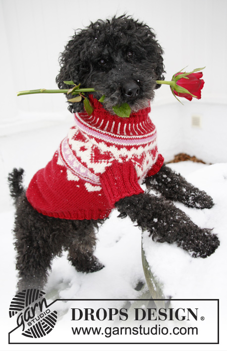 Valentino / DROPS Extra 0-1010 - Maglione natalizio per cani lavorato ai ferri, con cuori jacquard, in DROPS Karisma. Taglie: Dalla XS alla L. Tema: San Valentino