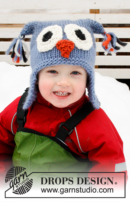 Otis / DROPS Extra 0-1017 - Gorro coruja em tricô com abas para as orelhas pra criança em DROPS Snow. Tamanhos 2 - 12 anos.