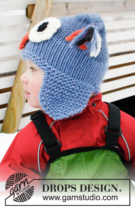 Otis / DROPS Extra 0-1017 - Strikket ugle hue til børn i DROPS Snow. Arbejdet strikkes med øreklapper. Størrelse 2 - 12 år.