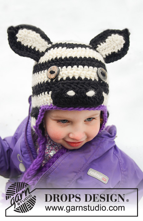 Pembe / DROPS Extra 0-1019 - DROPS Snow lõngast heegeldatud kõrvaklappidega sebra müts 1-8 aastasele