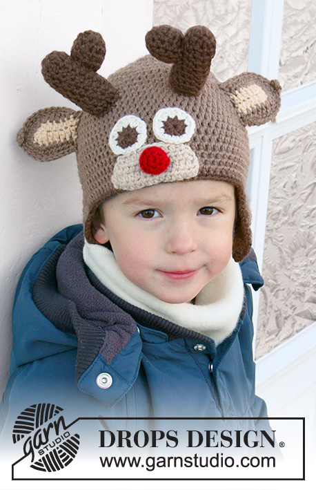 Little Rudolph / DROPS Extra 0-1049 - DROPS Lima lõngast heegeldatud sarvedega ja kõrvadega põhjapõdraga müts jõuludeks 6 kuusele kuni 10 aastasele