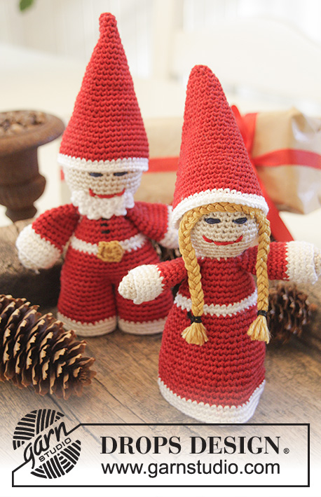 Meet The Kringles / DROPS Extra 0-1063 - Natal DROPS : Pai Natal e Mãe Natal em croché, em Cotton Viscose.