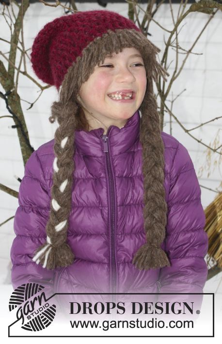 Anna Smiles / DROPS Extra 0-1225 - Crochet hat for children in 2 strands DROPS Air. Piece is worked with braids and bangs. Size 3 - 14 years. 