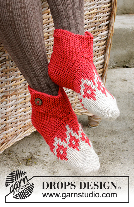 Ruby Toes / DROPS Extra 0-1342 - Knitted slippers with Nordic pattern and ridges for Christmas in DROPS Nepal, worked from toe up. Size 35 - 42