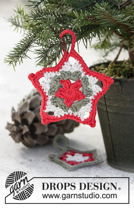 Star Here / DROPS Extra 0-1346 - Crochet stars with stripes for Christmas in DROPS Cotton Light.