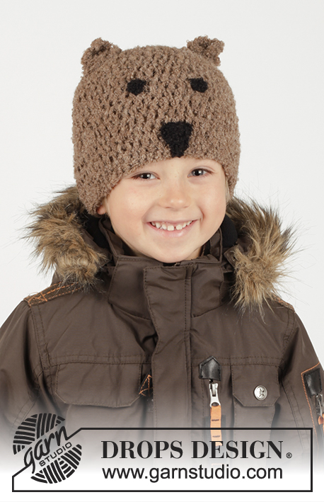Little Bear / DROPS Extra 0-1354 - Crochet DROPS bear hat in Alpaca Bouclé 
Size: 3-12 years