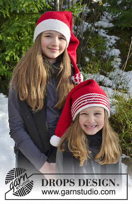 Sweet Carolers / DROPS Extra 0-1395 - Bonnet de Noël tricoté pour enfant, avec bordure rayée ou bordure blanche, en DROPS Nepal. Du 3 au 12 ans. Thème: Noël.
