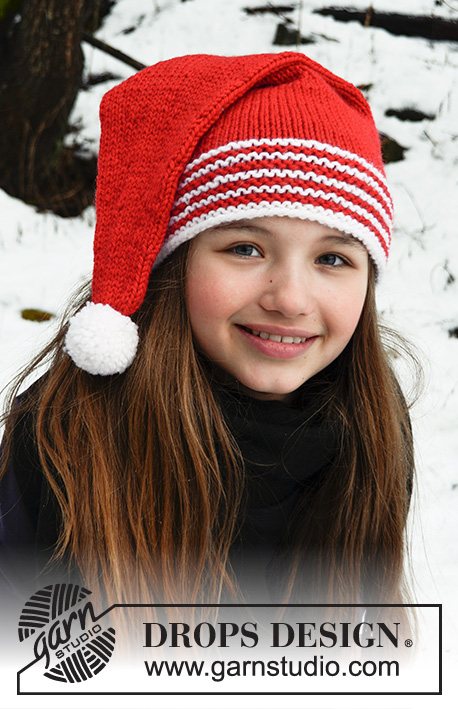 Sweet Carolers / DROPS Extra 0-1395 - Bonnet de Noël tricoté pour enfant, avec bordure rayée ou bordure blanche, en DROPS Nepal. Du 3 au 12 ans. Thème: Noël.