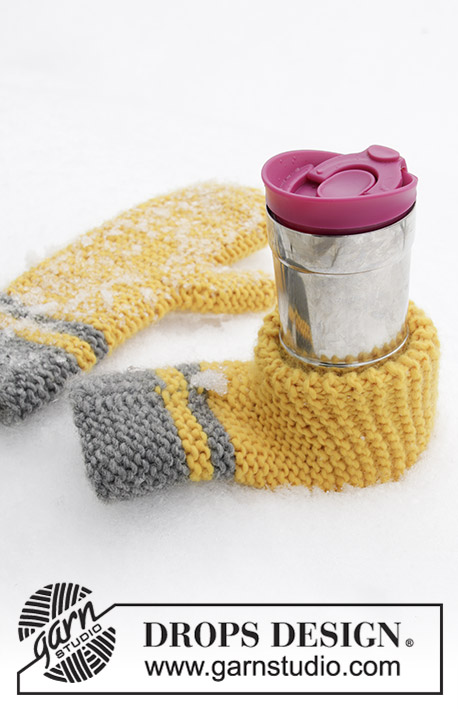 Keep It Warm / DROPS Extra 0-1422 - Luvas clássicas e luvas para garrafa de cerveja tricotadas em DROPS Snow. Às riscas e em ponto jarreteira. Tema: Páscoa