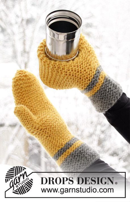 Keep It Warm / DROPS Extra 0-1422 - Klasyczne rękawiczki lub rękawiczki z uchwytem na butelkę lub puszkę, z włóczki DROPS Snow. Paski i ścieg francuski. Temat: Wielkanoc