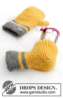 Keep It Warm / DROPS Extra 0-1422 - Gestrickter Fäustling und Handschuh für Getränkedosen in DROPS Snow. Krausrippen und Streifen. Thema: Ostern.