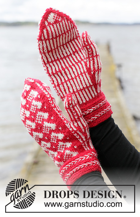 Holiday Hearts / DROPS Extra 0-1469 - Rękawiczki na drutach, z żakardem norweskim w serca i warkoczami łotewskimi, z włóczki DROPS Fabel. 
Temat: Boże Narodzenie.