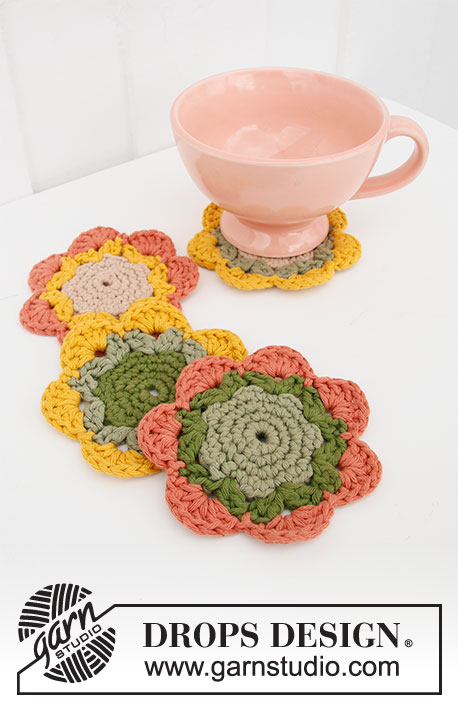 Blooming Coasters / DROPS Extra 0-1499 - DROPS Paris lõngast heegeldatud lillekujuline tassialus