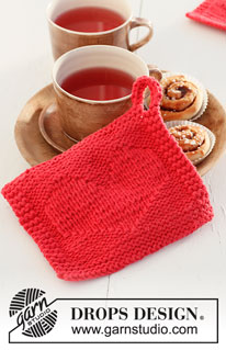 Heart of the Morning / DROPS Extra 0-1524 - Knitted pot-holders with hearts in 2 strands DROPS Paris. Theme: Valentine.