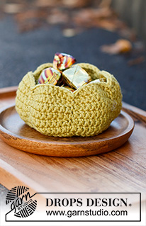 Pumpkin Bowl / DROPS Extra 0-1542 - Cesto em croché com forma de abóbora em DROPS Merino Extra Fine. Tema: Halloween.