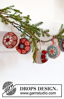 Christmas Flowers / DROPS Extra 0-1546 - Bolas de Natal crochetadas em DROPS Muskat. Tema: Natal.