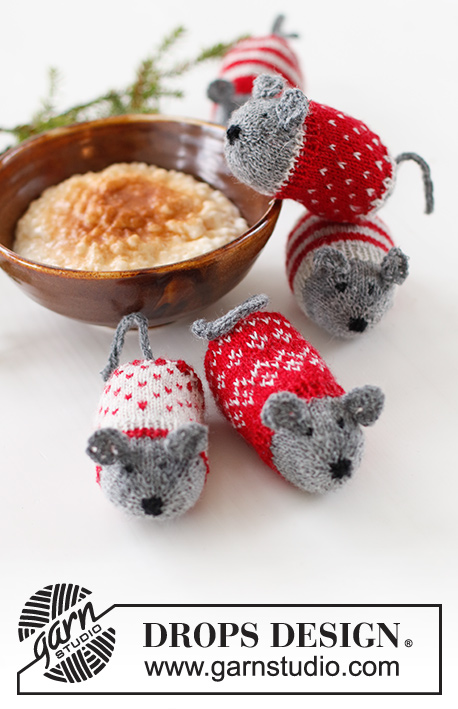 Christmas Mice / DROPS Extra 0-1548 - Stickad mus julpynt med nordiskt mönster och ränder i DROPS Fabel. Tema: Jul.