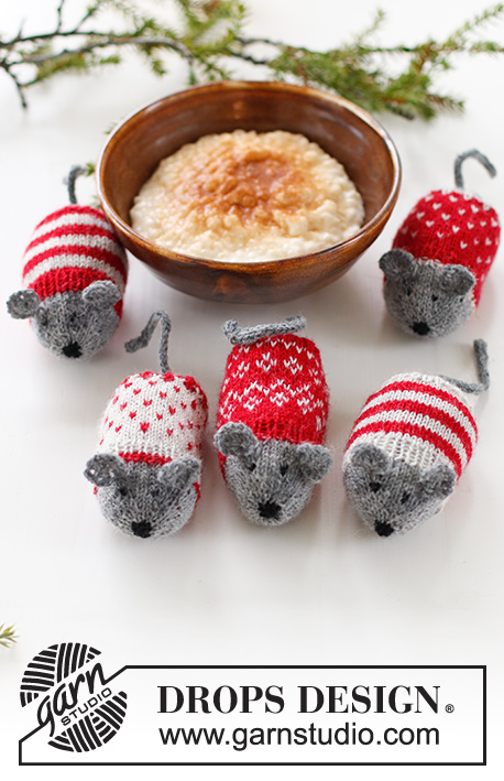 Christmas Mice / DROPS Extra 0-1548 - Adorno de Navidad en forma de ratones a punto con patrón nordico y rayas en DROPS Fabel. Tema: Navidad.