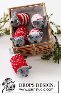 Christmas Mice / DROPS Extra 0-1548 - Świąteczna mysz – ozdoba świątecznego stołu na drutach, z żakardem norweskim i w paski, z włóczki DROPS Fabel. Temat: Boże Narodzenie.