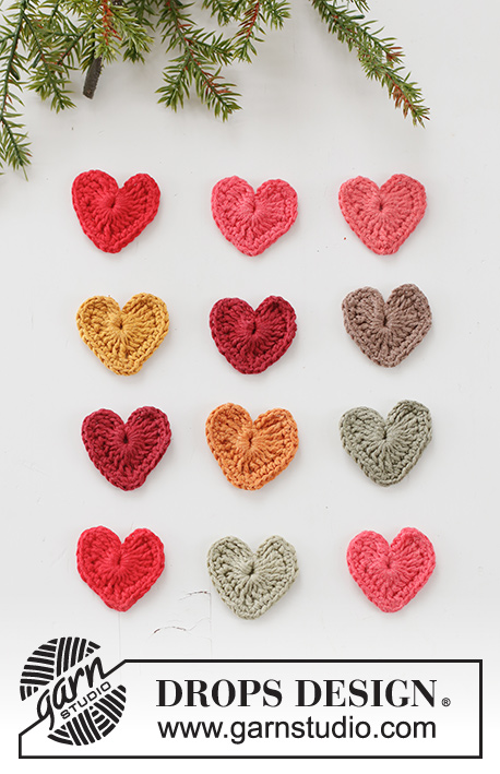 Tiny Happy Hearts / DROPS Extra 0-1564 - Corazones a ganchillo en DROPS Safran. Tema: Navidad.