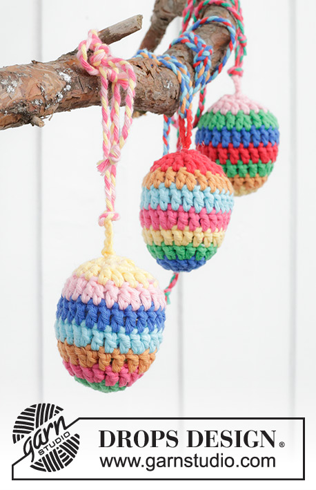 Easter Eggs / DROPS Extra 0-1598 - Crocheted decoration-eggs in DROPS Paris. The piece is worked in the round, bottom up, with stripes. Theme: Easter.