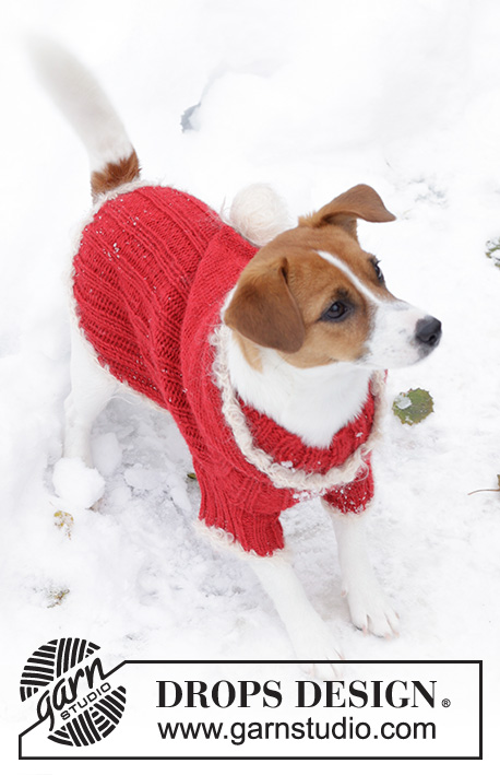 Santa's BFF / DROPS Extra 0-521 - Capa para cão tricotada em DROPS Alpaca e DROPS Puddel ou Melody. Tricota-se a partir da gola, com canelado, capuz e orla em croché. Do XS ao M. Tema: Natal