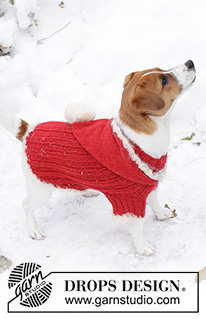 Santa's BFF / DROPS Extra 0-521 - Capa para cão tricotada em DROPS Alpaca e DROPS Puddel ou Melody. Tricota-se a partir da gola, com canelado, capuz e orla em croché. Do XS ao M. Tema: Natal