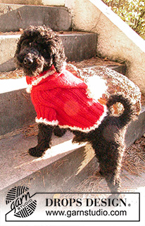 Santa's BFF / DROPS Extra 0-521 - Sweterek / płaszcz dla psa, z włóczek DROPS Alpaca i DROPS Puddel lub Melody. Przerabiany od szyi, ze ściągaczem, kapturem i brzegiem na szydełku. Od XS do M. Temat: Boże Narodzenie