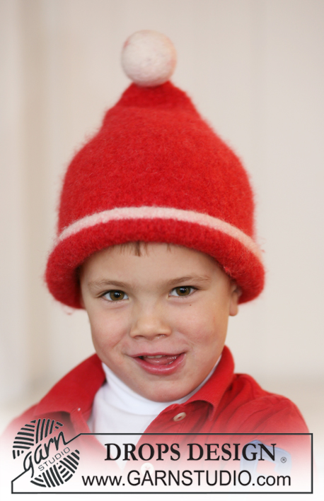 DROPS Extra 0-567 - Bonnet Père Noël tricoté et feutré  en DROPS Alaska, avec pompon, pour enfant. Du 2 au 8 ans. Thème: Noël