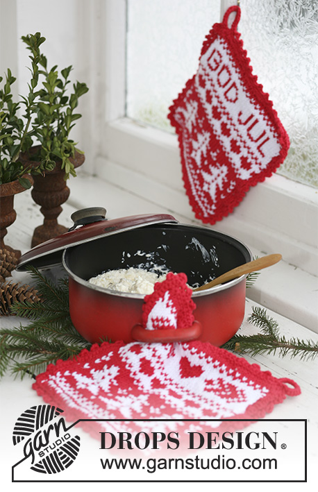 God Jul / DROPS Extra 0-577 - Rękawica kuchenna na drutach z włóczki DROPS Paris, z żakardem norweskim w serca i choinki. Temat: Boże Narodzenie.