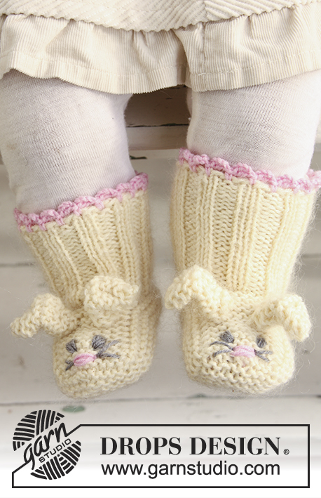 Bunny Toes / DROPS Extra 0-634 - Botitas de conejo de Pascua en “BabyMerino” y “Kid-Silk”.
Diseño DROPS:  Patrón No. BM-031-by-påske
