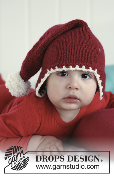 Lillenissen / DROPS Extra 0-720 - Cappello lavorato ai ferri per neonati e bambini in DROPS Nepal. Lavorato come un cappello di Babbo Natale con pompom e bordo all'uncinetto. Taglie: 1 mese - 4 anni. Tema: Natale