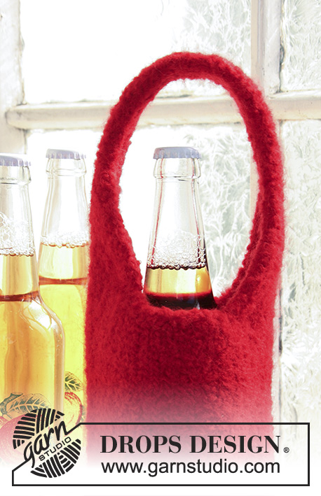 Take Me Home / DROPS Extra 0-729 - Saco para garrafa de vinho com pega tricotado e feltrado e, DROPS Snow. A peça pode ser usada para guardar uma garrafa ou como saco de prendas. Tema: Natal