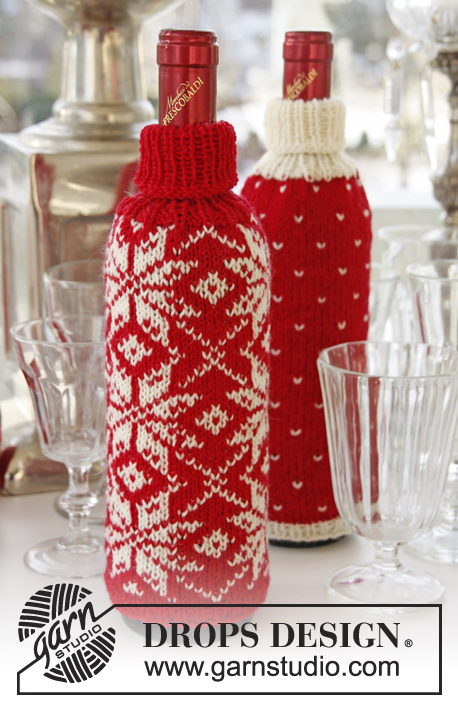 Icy Toast / DROPS Extra 0-863 - Osłonki na butelki na drutach, z żakardem norweskim, z włóczki DROPS Fabel lub DROPS Flora. Temat: Boże Narodzenie.
