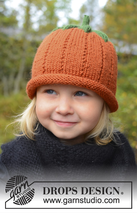 Sweet Pumpkin / DROPS Extra 0-966 - Niemowlęca i dziecięca czapka dynia na drutach z włóczki DROPS Karisma. Rozmiary od 0 - 8 lat. Temat: Halloween