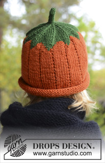 Sweet Pumpkin / DROPS Extra 0-966 - Niemowlęca i dziecięca czapka dynia na drutach z włóczki DROPS Karisma. Rozmiary od 0 - 8 lat. Temat: Halloween