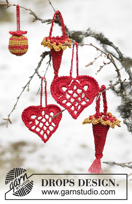 Mormors Julehjerte / DROPS 104-46 - Elegante cuore per Natale in Cotton Viscose o Safran e Glitter.
