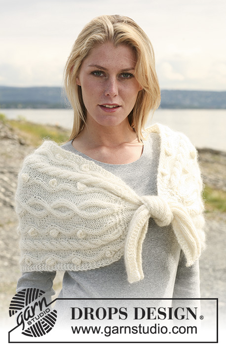 Mirella / DROPS 108-55 - Knitted DROPS shoulder piece with cables, tied at the front in ”Alpaca” and ”Vivaldi”.
