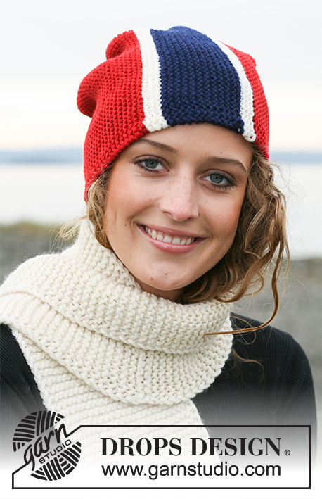 Wear Your Colours / DROPS 110-50 - Gorros DROPS Bandeiras em Karisma, tricotados de lado. Também pode ser tricotado em Merino. Cachecol em Alaska 
