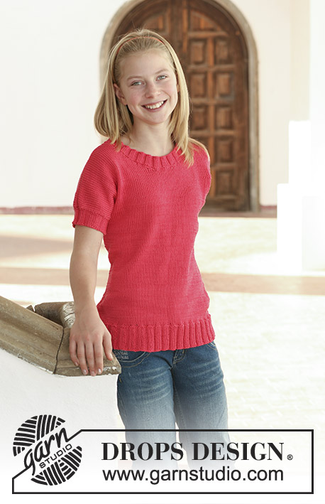 Strawberry Sweet Kids / DROPS 113-19 - Sweter na drutach, z krótkim rękawem, z włóczki DROPS Muskat. Od 7 do 14 lat.