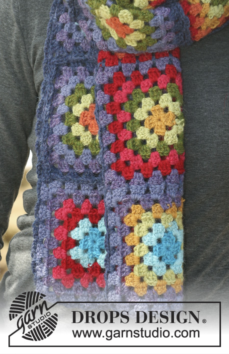 Hip Granny / DROPS 114-21 - Gehaakte DROPS sjaal en muts gemaakt van kleurrijke vierkantjes en zeshoeken van 2 draden ”Alpaca”.

