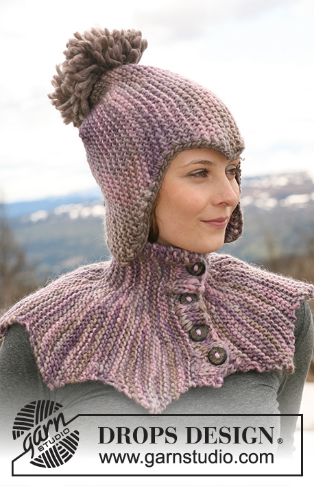 Joust / DROPS 117-25 - Set comprises: DROPS neck warmer with buttons, worked from side to side in garter st and hat in garter st in ”Snow”.