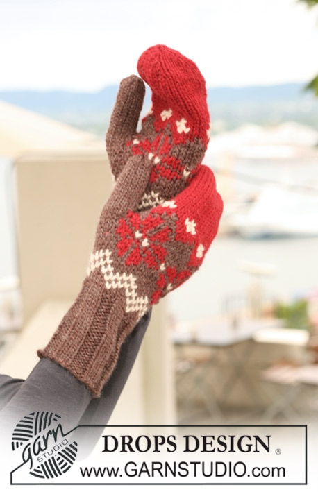 Cherry Nougat Gloves / DROPS 122-25 - Stickad DROPS vantar i ”Nepal” med norskt mönster.