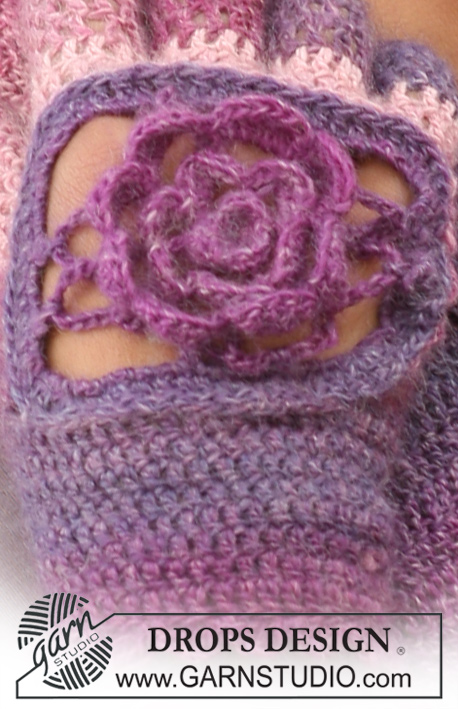 Florabelle / DROPS 126-11 - Gehaakte DROPS sjaal en handschoenen van ”Delight” met bloem-vierkantjes. 
