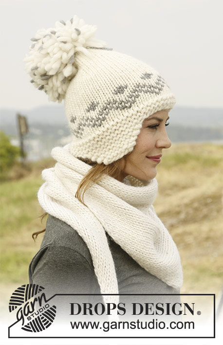 Himalaya / DROPS 131-21 - Knitted DROPS hat with ear flaps and shawl in ”Snow”.