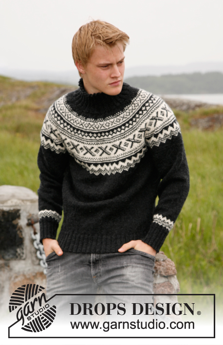 Neville / DROPS 135-4 - Męski sweter na drutach z zaokrąglonym karczkiem i żakardem norweskim z włóczki DROPS Karisma. Rozmiary S-XXXL.