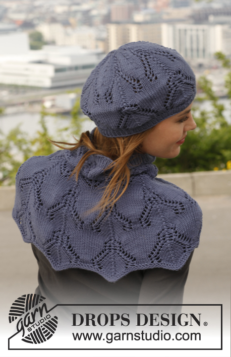 Midnight Boheme / DROPS 141-4 - Knitted DROPS hat and shoulder warmer with lace pattern in ”Merino Extra Fine”. 