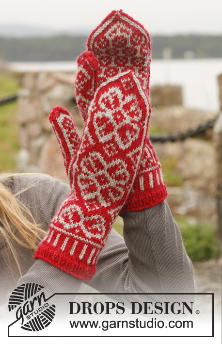Winter Rose Gloves / DROPS 150-3 - Strikkede DROPS vanter i ”Karisma” med nordisk mønster