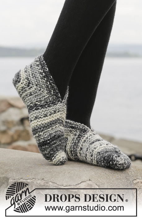 Closing In / DROPS 158-52 - Knitted DROPS slippers with domino heel in 1 thread ”Big Fabel” or 2 threads Fabel, size 32-46